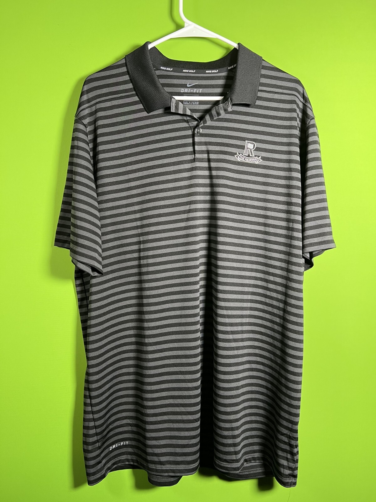 Nike Dri-FIT Golf Polo Men’s XL – Gray Stripe, with “The Reserve” Logo