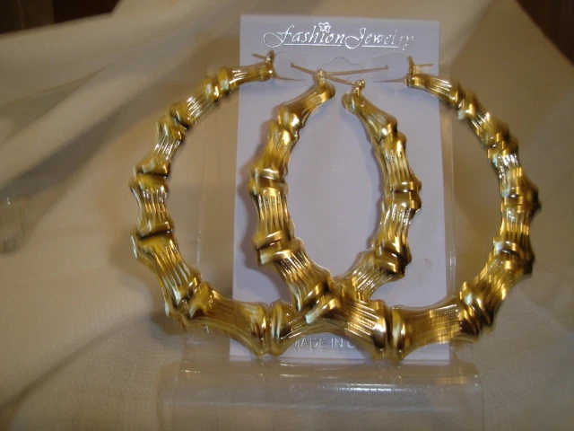 HUGE 3.5 inch HOOP EARRINGS Bamboo earrings - Old School GOLD TONE BAMBOO  HOOPS