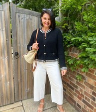 Ex M*S Cardigan Jacke Cotton Rich Trim Crew Neck Long Sleeve Black Ivory RRP £49