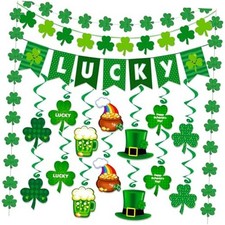 St Patricks Day Decorations 33Pcs Pre-Assembled Shamrock Lucky Banner Glitter