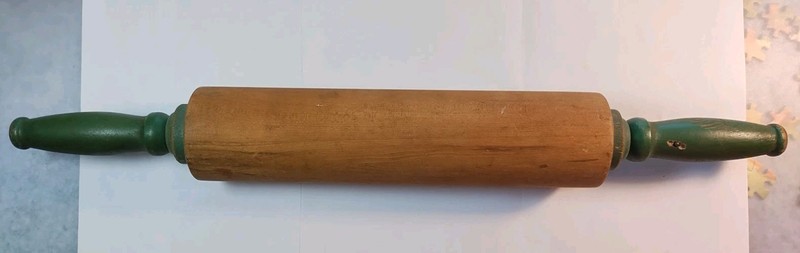 Vintage 1940’s Wood Rolling Pin with Green Handles  19" Farmhouse