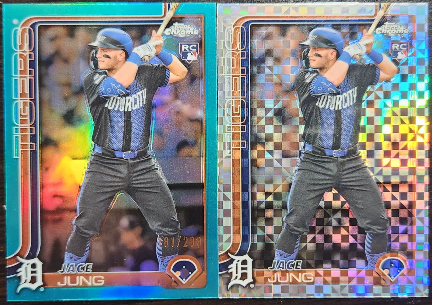 2025 TOPPS CHROME JACE JUNG RC #225 TEAL REFRACTOR /299 & X-FRACTOR (2 CARDS)