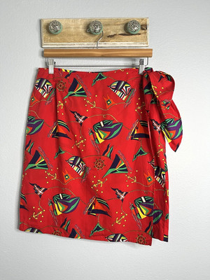 Bechamel Women's Skirt Red Nautical Sailboat Print Faux Wrap Size 12