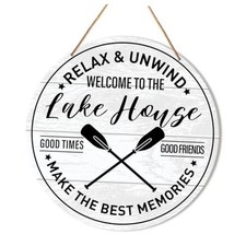Lake House Welcome Sign Front Door Decor, Summer Welcome Round Hanging Sign