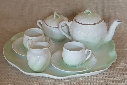 Vintage Miniature child's porcelain tea set for two, Green White, 1930's