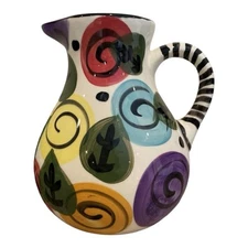 Pier 1 Hand Painted Ceramic Pitcher Colorful Abstract Swirl Design Jug Pottery