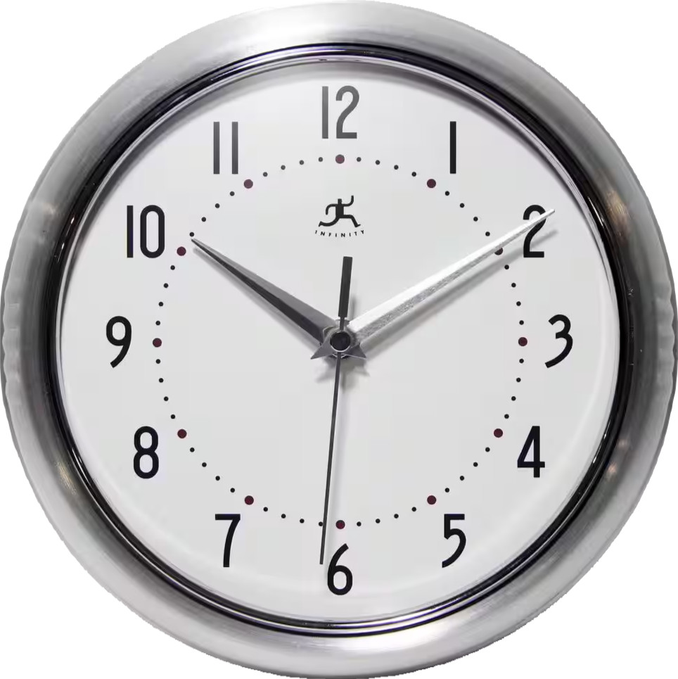 Infinity Instruments Wall Clock Retro Round Silver Classic 9.5" Stylish Decor