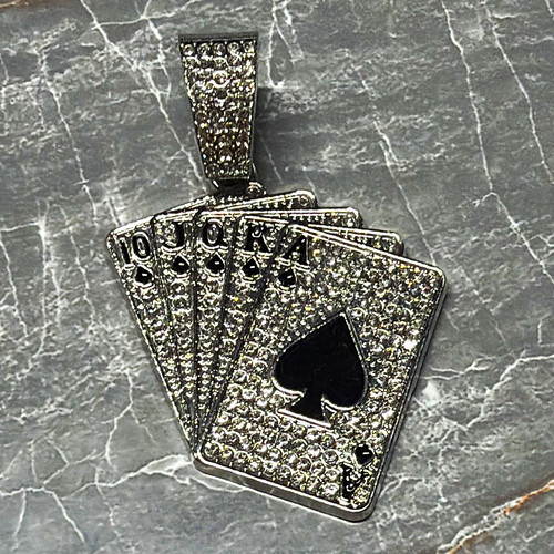 Silver Tone Pavé Rhinestone Royal Flush Playing Cards Charm Pendant, Black