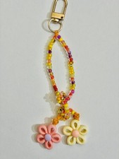 Beaded Flower Charm Keychain Knotted Orange Cord Yellow Peach Handmade
