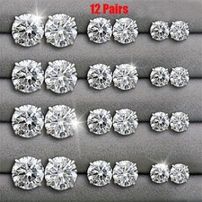 12 Pairs Stainless Steel Silver Stud Earrings Set CZ Round Crystal Men Women Kid - Image 4