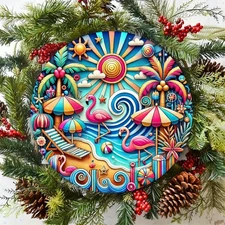 7.87-Inch Round Tropical Beach Wall Decor - Flamingo & Palm Tree Metal Art in Tu