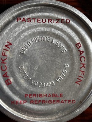 GEORGE D SPENCE & SONS QUINBY VA BACKFIN CRAB MEAT TIN LID VA 75-C ESVA SEAFOOD