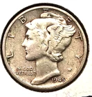1945 P Mercury Silver Dime  90% Silver 10c Mercury Silver Dime  90%SILVER