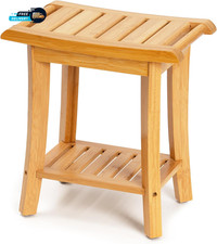 Bamboo Shower Bench inside Shower Stool with Storage Shelf, Spa Bath Chair for B