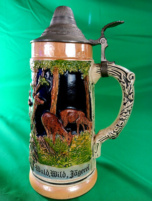 Reinhold Merkelbach RM 4063 Beer Stein   Pewter Lid   Cobalt Relief   8.75'' VTG