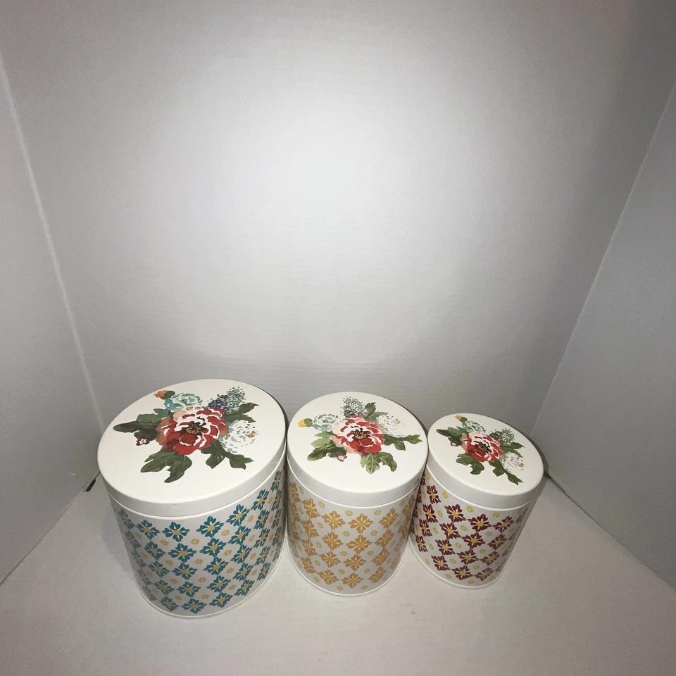 The Pioneer Woman Canisters Metal Farm House Kitchen Floral Top Set Of 3 Vintage - Image 3 of 4