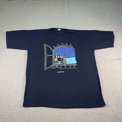 Vintage Greece Poros Shirt Mens Large Blue Art Scenic Window Greek Island Retro