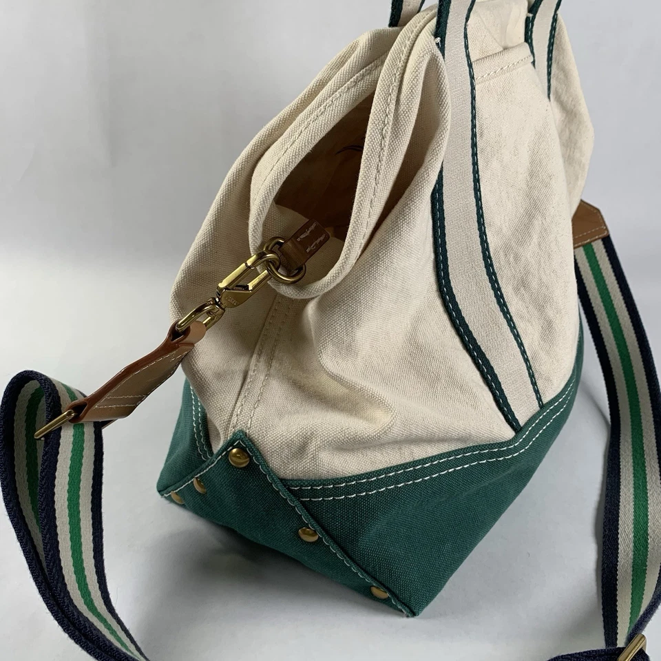 "Bolso de Mano J.CREW Montauk Lona Beige y Verde Náutico Playa Costera 15""x10""" Foto 2 de 4