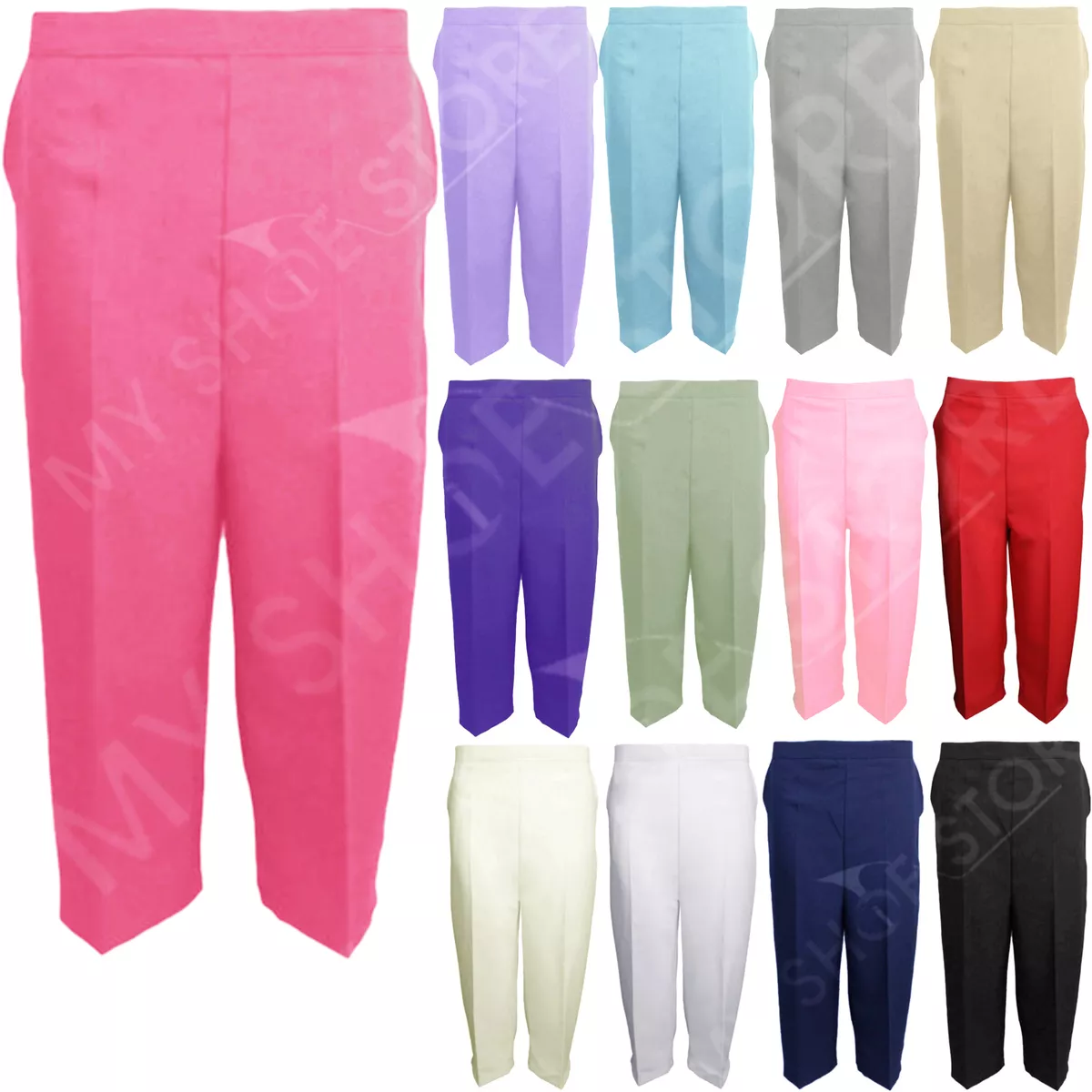 LADIES 3/4 TROUSERS WOMENS THREE QUARTER ELASTICATED WAIST CAPRI CROPPED  PANTS