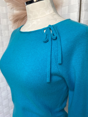 Ann Taylor 100% Cashmere Turquoise Bow Tie Neck Pullover 3/4 Sleeve Sweater S FT - Picture 3 of 10