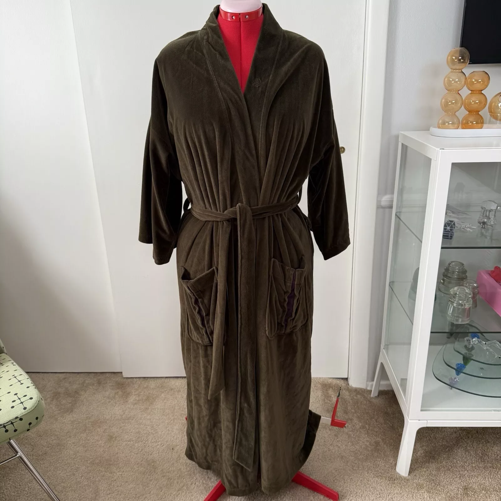Robe de chambre vintage Christian Dior Monsieur vert olive foncé velours