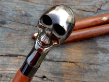 Antique Brass Skull Head Handle Vintage Style Brown Wooden Walking Stick Cane