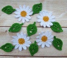 Crochet Flower Daisy Leaves Applique Embellishment White Yellow Green 12 pcs