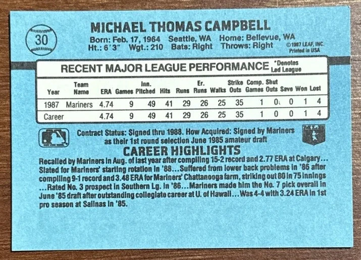 1988 DONRUSS #30 Mike Campbell Seattle Mariners Rookie Card Excellent Free Ship - Image 2 of 2
