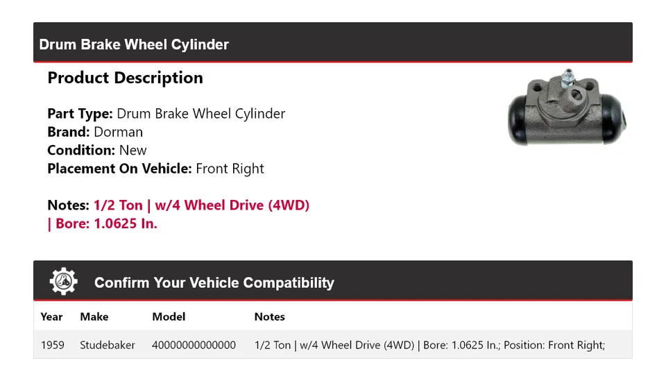 Para 1959 Studebaker 4E13 Dorman cilindro de roda de freio a tambor dianteiro direito - Imagem 2 de 3