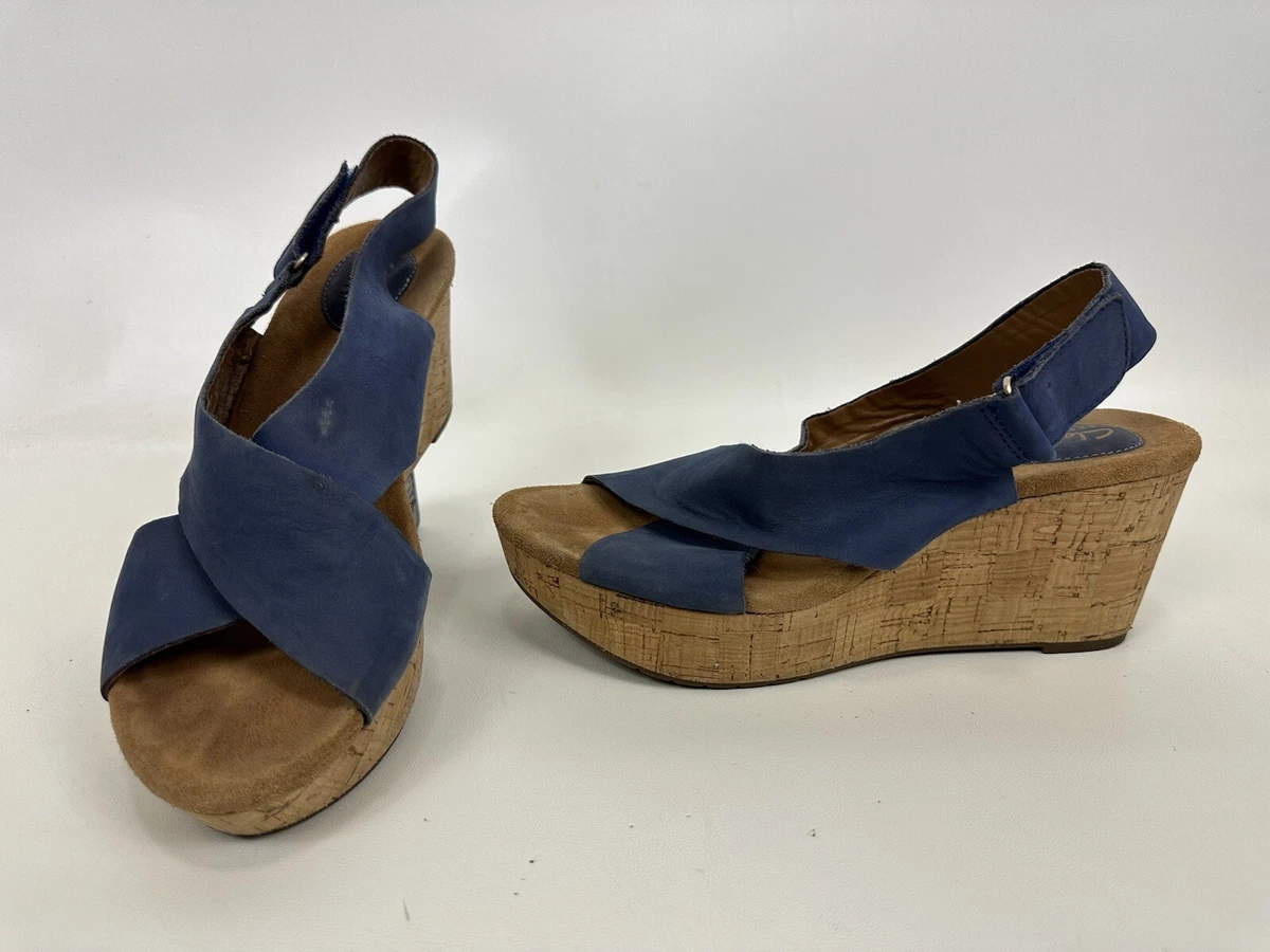 Clarks Artisan Caslynn Shae Blue Cork Wedge Leather Sandals Women s 9.5