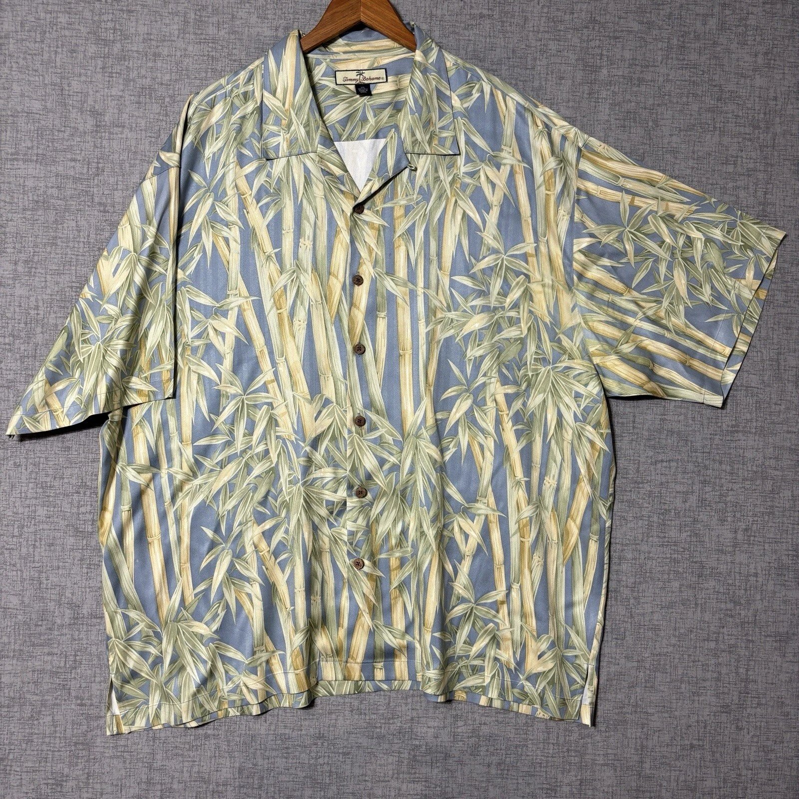 Tommy Bahama Shirt Mens 2XL XXL 100% Silk Colorful Bamboo/Grey Hawaiian Camp