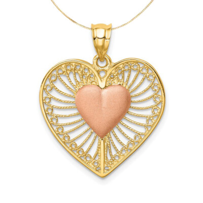 14k zweifarbig Gold rosa/rosegelb zierlich filigran Herz Anhänger 18 Zoll Halskette