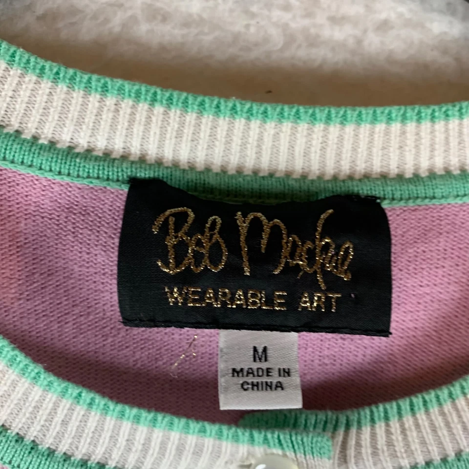 Bob Mackie Wearable Art Womens Pink Floral Short Sleeve Button Up Sweater Size M - Image 3 of 4