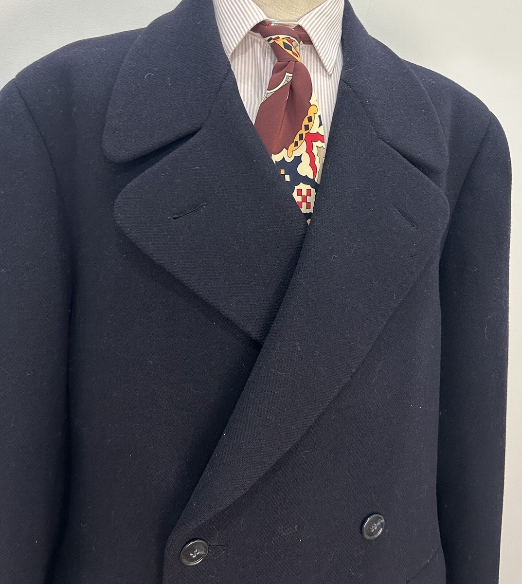 Men's 1940s DB Ulster Collar Belt Back Navy Blue Overcoat Bespoke - Main Image