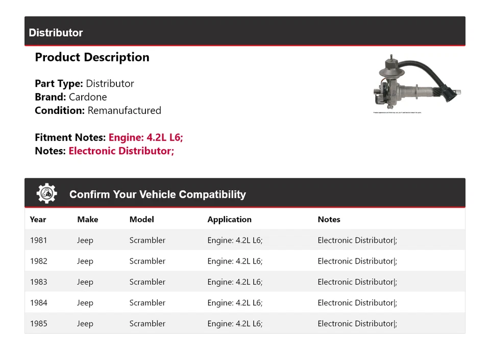 Para Jeep Scrambler 1981-1985 4,2 L L6 distribuidor Cardone 1982 1983 1984 Foto 2 de 4