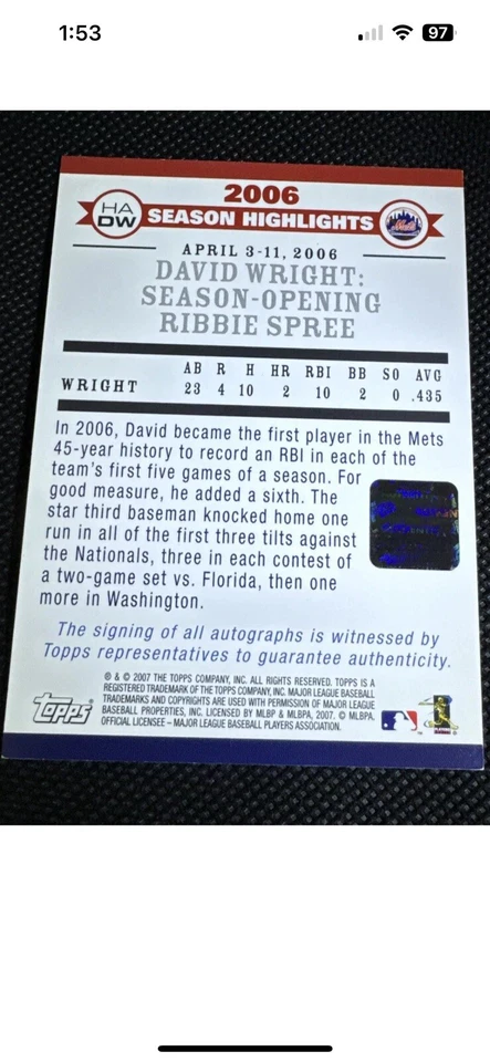 2007 Topps - 2006 Highlights Autograph Opening Night RBI Met #HADW David Wright - Image 2 of 2