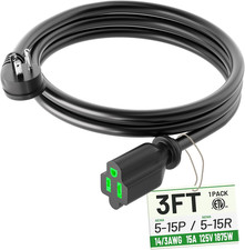 3 Foot Flat Plug Extension Cord Black, 14/3 Gauge Indoor Short Extension Cable,