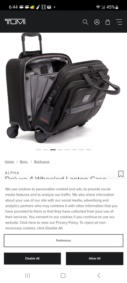 Tumi Alpha 3 Deluxe Leather 4-Wheeled Rolling Laptop Case Brief - Image 2 of 4