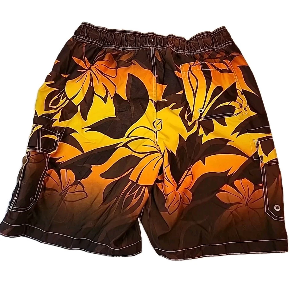 Bañador Merona Aloha Para Hombre XL Marrón Naranja Hawaiano Tropical Cordón Malla Foto 2 de 4
