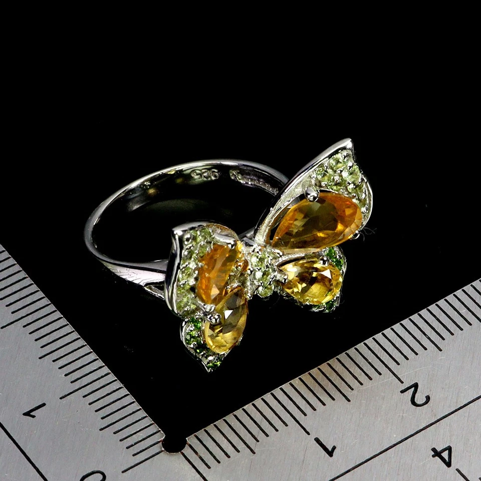 925 Sterling Silver Ring Pear Citrine Peridot Natural Gemstone Jewelry Butterfly - Image 3 of 4