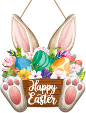 Wooden Easter Wreath for Front Door - Rustic Easter Bunny Door Sign Farmhouse Ea
