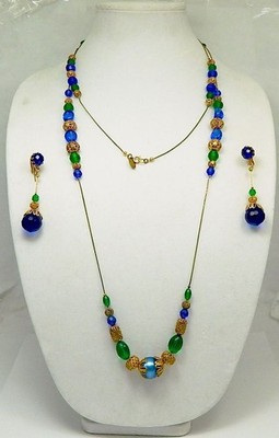 Miriam Haskell Blue Green Glass Filigree Bead Necklace Dangle Clip Earrings Set