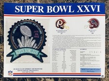 NFL Super Bowl XXVI 26 Patch Washington Redskins vs Buffalo Bills W/ Stats Card