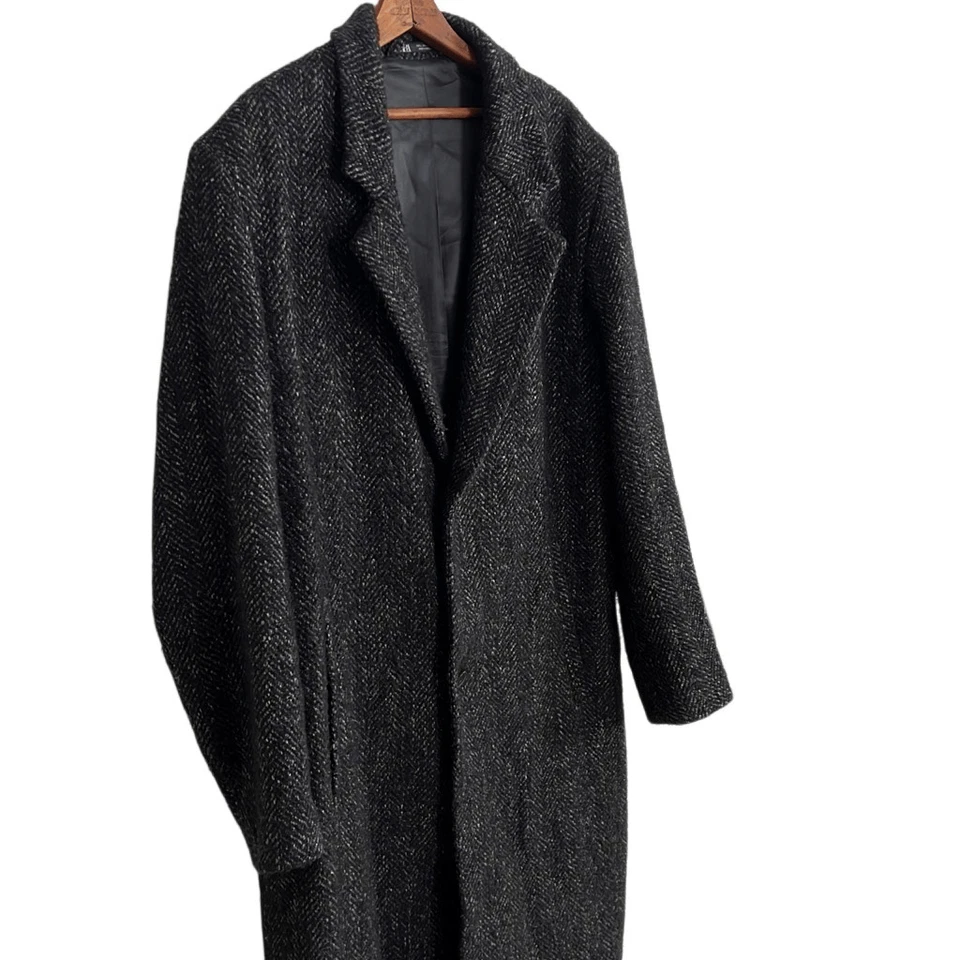Zara Herringbone Wool Blend Notch Lapel Tweed Fully Lined Long Coat Black Large - Image 4 of 4