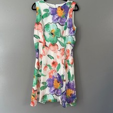 DKNY Fit & Flare Lined Chiffon Mini Dress White + Floral SZ 12
