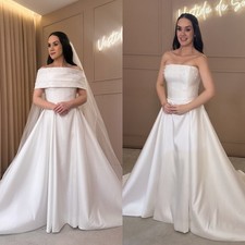 Elegant Wedding Dresses with Cape Pearl Off Shoulder A Line Satin Bridal Gowns