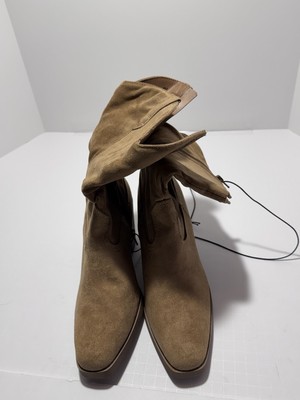 Pop Framework NEW Womens Slouch Boots Brown Stacked Heel Natural Faux Suede 8M