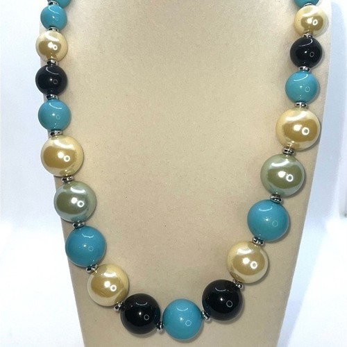 Chunky Beaded Necklace Turquoise Black Cream Blue Statement Necklace