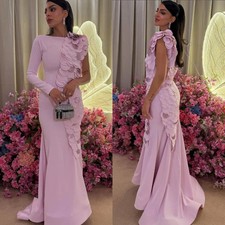 One Shoulder Floor Length Sweep Train Pink Wrinkle High Collar Evening Dresses