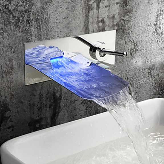 LED Waterfall Wall Mount Bathtub Basin Mixer Tap Single Lever Brass